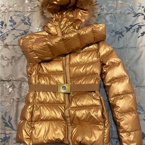 Women's Gold Puffer Jacket with Fur Hood